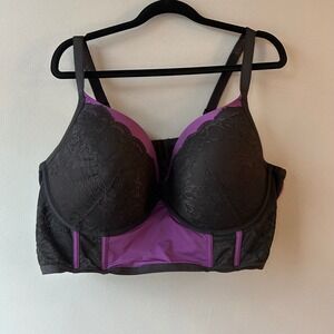 Torrid Curve Purple Black Lace Longline Bra Underwire 46DD Gothic Corset Style